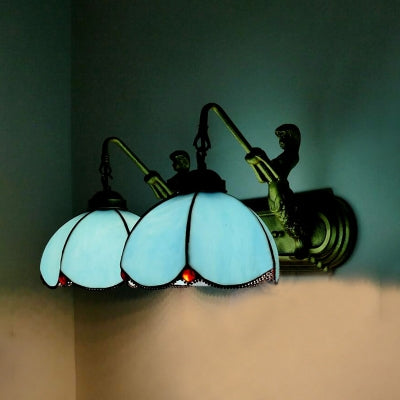 Blue Glass Sconce Light With Mermaid Backplate - 2-Head Petal Wall Mount Mediterranean Style