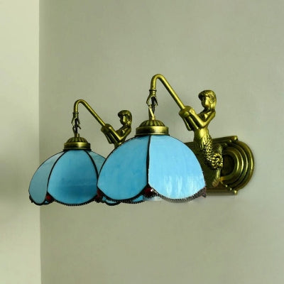 Blue Glass Sconce Light With Mermaid Backplate - 2-Head Petal Wall Mount Mediterranean Style