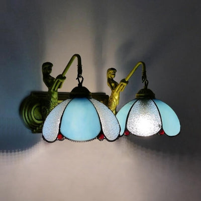 Blue Glass Sconce Light With Mermaid Backplate - 2-Head Petal Wall Mount Mediterranean Style Clear