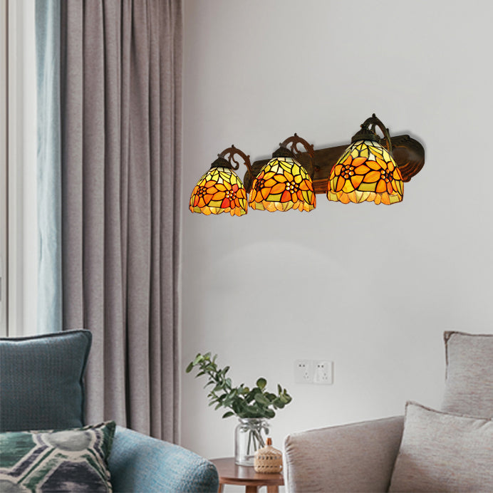 3-H Header Orange Vanity Wall Lighting Lodge Tiffany Stained Glass With Yellow Flower/Sunflower