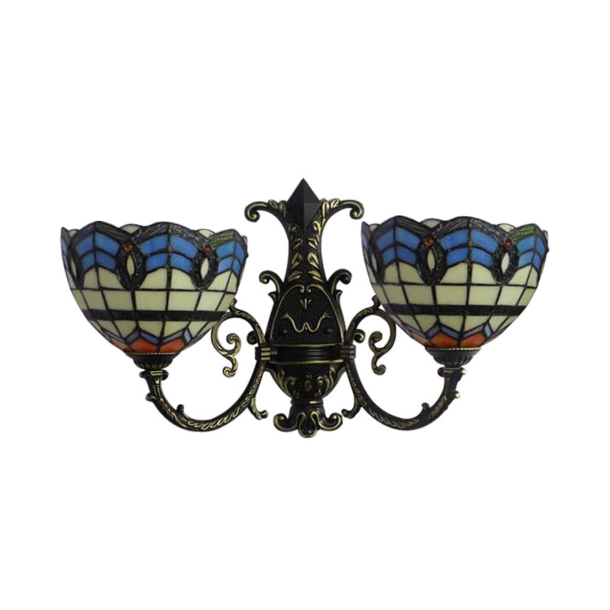Baroque Double Wall Sconce Lighting With Stained Glass And Curved Arm