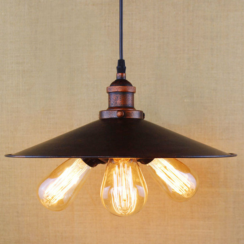 Antique-Style Rust Metal Chandelier Pendant - 3-Light Flat Shade Lighting for Restaurants