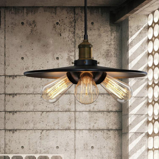 Retro Flared Chandelier: Metallic Pendant Light With 3 Bulbs Black Finish For Dining Room