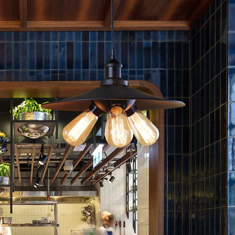 Stylish Industrial Flared Chandelier: 3-Light Metal Pendant In Black For Restaurants