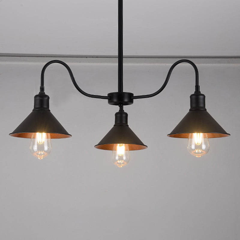 Industrial Metal Black Conical Pendant Lamp With 3 Heads & Curved Arm - Kitchen Chandelier Light