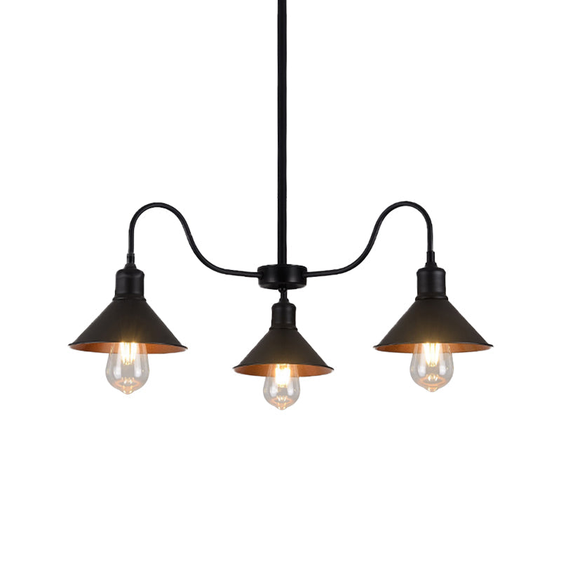 Industrial Black Conical Pendant Kitchen Chandelier with 3 Metal Heads & Curved Arm
