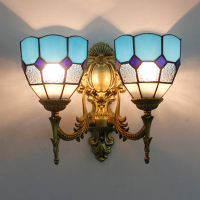 Vintage Stained Glass Wall Lighting: 2-Light Bowl Mount In Blue/Sky Blue For Living Room Sky