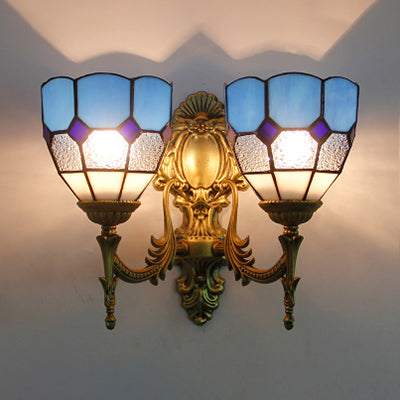 Vintage Stained Glass Wall Lighting: 2-Light Bowl Mount In Blue/Sky Blue For Living Room