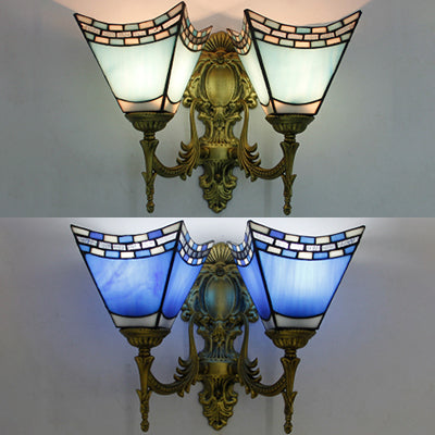 Blue Stained Glass Nautical Wall Lamp With 2 Lights For Bedroom