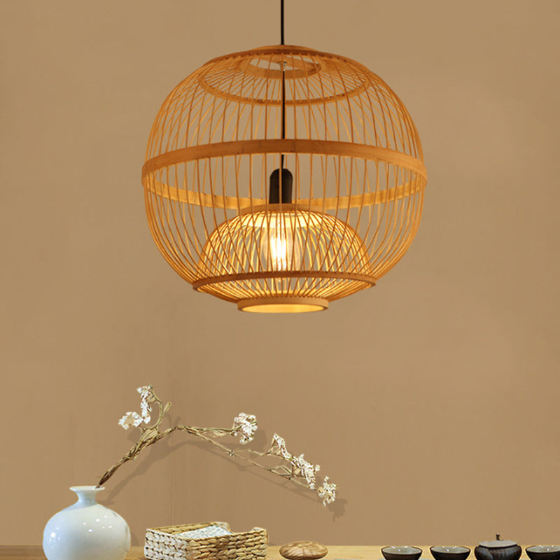 Art Deco Circle Bamboo Pendant Light - Beige Dining Room Fixture