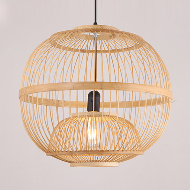 Art Deco Circle Bamboo Pendant Light - Beige Dining Room Fixture