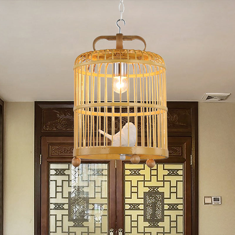 Bamboo Birdcage Pendant Light With Chinese Style Bird Accent - Beige Hanging Lamp 8/10 Width / 8