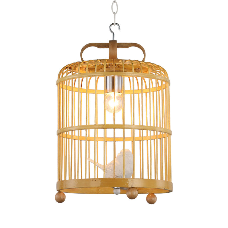 Bamboo Birdcage Pendant Light With Chinese Style Bird Accent - Beige Hanging Lamp 8/10 Width