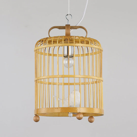 Bamboo Birdcage Pendant Light With Chinese Style Bird Accent - Beige Hanging Lamp 8/10 Width