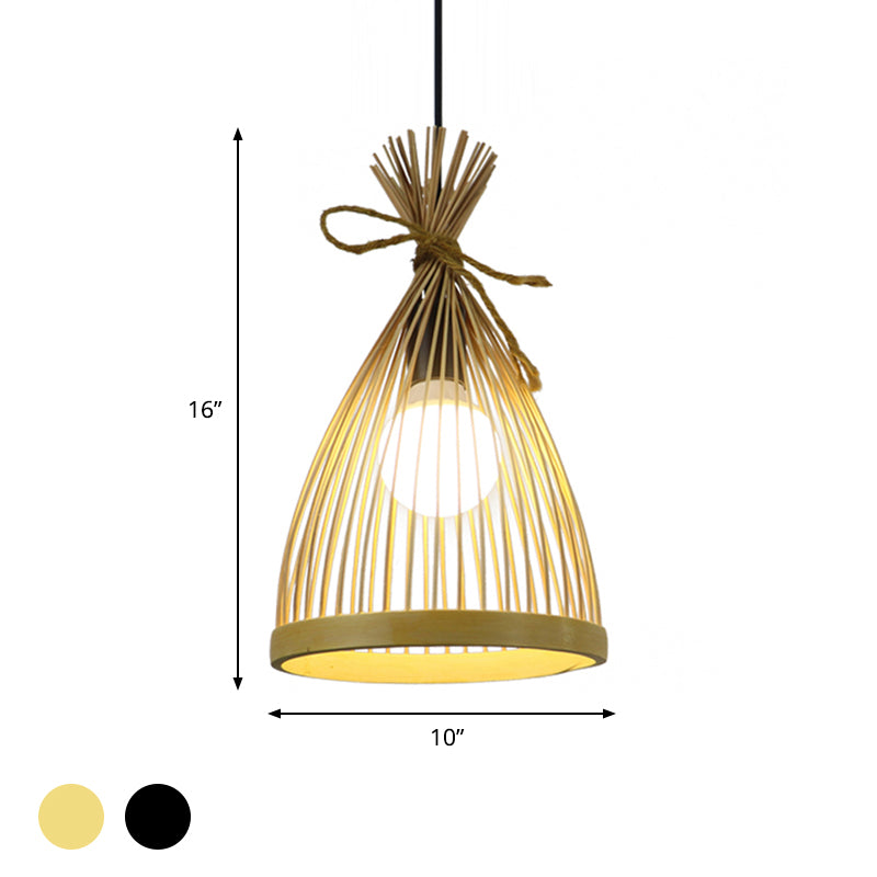 Modern Restaurant Pendant Lamp With Bamboo Shade - Black/Beige 8/10 W