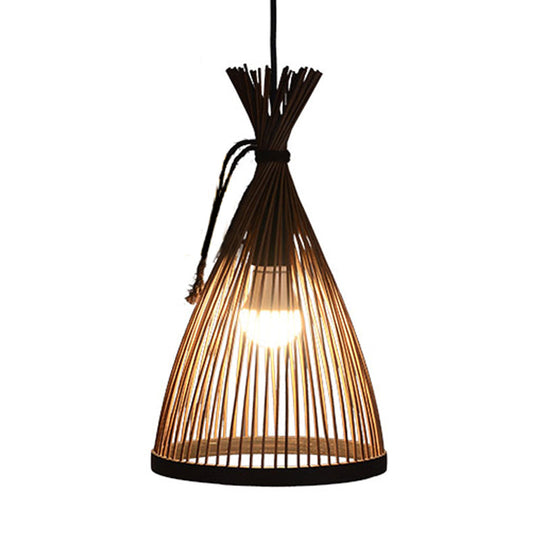 Modern Restaurant Pendant Lamp With Bamboo Shade - Black/Beige 8/10 W