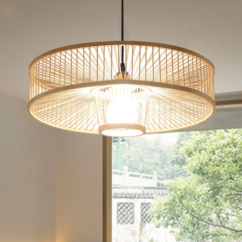 Artisan Handmade Round Bamboo Pendant Light For Restaurants - 1-Light Asian Ceiling Beige