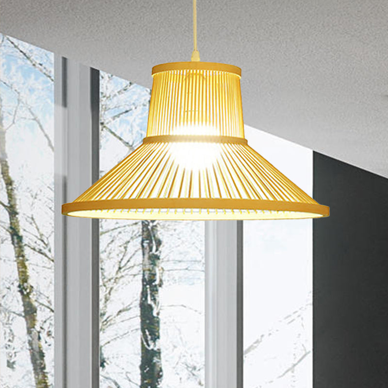 Bamboo Pendant Light With Shade: Hand Woven Countryside Style 1-Light Beige Suspension For