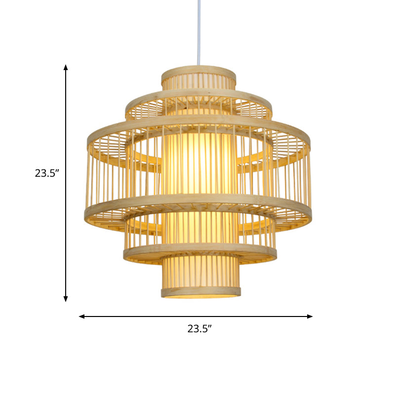 Bamboo Hanging Pendant With Tiered Design And Cylinder Shade - 1 Light In Beige