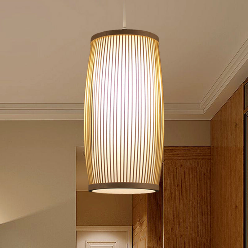 Bamboo Cylinder Dining Room Hanging Lamp - Modern Beige Light