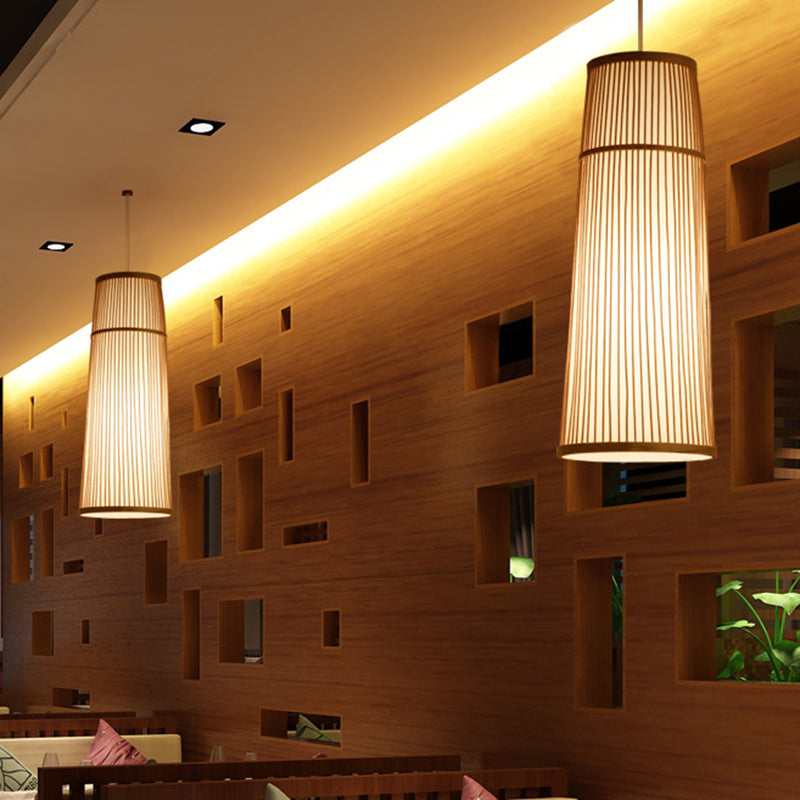 Countryside Style Tapered Bamboo Shade Pendant Light: 1-Light Beige Hanging Lamp For Restaurants
