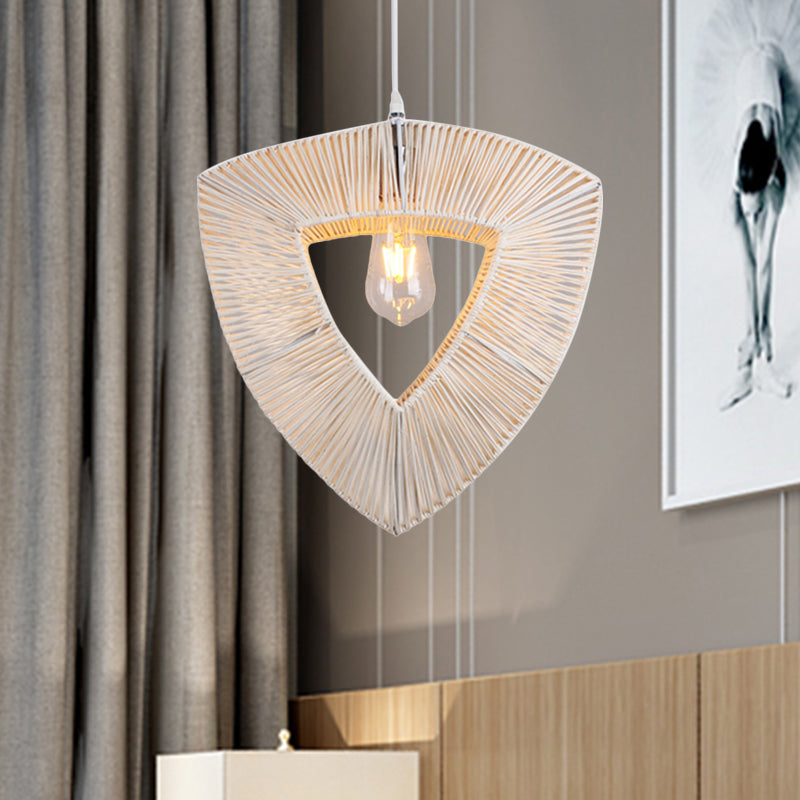 Rustic Triangle Rattan Fiber Pendant Light With 1 Bulb - White Ceiling Hanging Lamp Wood