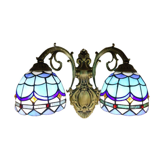 High Dome-Shaped Wall Mount Tiffany Style Stained Glass 2-Light Sconce In Blue 8.5/11