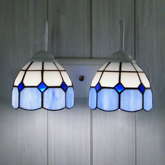 Baroque Blue/Orange Glass Wall Light Sconce - Grid Pattern Design 2 Heads White