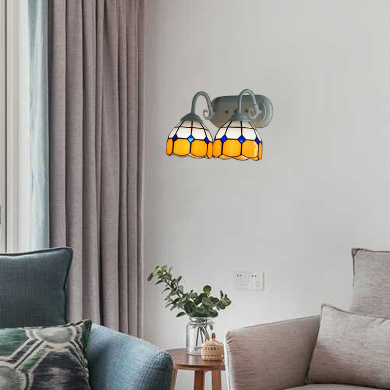 Baroque Blue/Orange Glass Wall Light Sconce - Grid Pattern Design 2 Heads White Orange