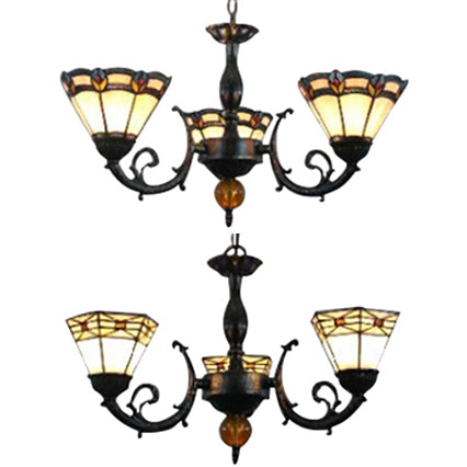 Traditional Stained Glass Cone Chandelier: 3-Light Hanging Lamp With Peacock Tail/Rhombus Pattern