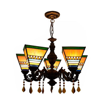 Retro Geometric Stained Glass Chandelier with Crystal Pendants - 5 Bulbs in Yellow/Blue for Bedroom