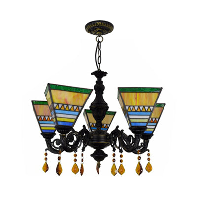 Retro Geometric Stained Glass Chandelier with Crystal Pendants - 5 Bulbs in Yellow/Blue for Bedroom