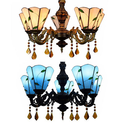 Scalloped Rustic Stained Glass Leaf Chandelier Light with Crystal in Blue/Beige - Perfect for the Dining Room