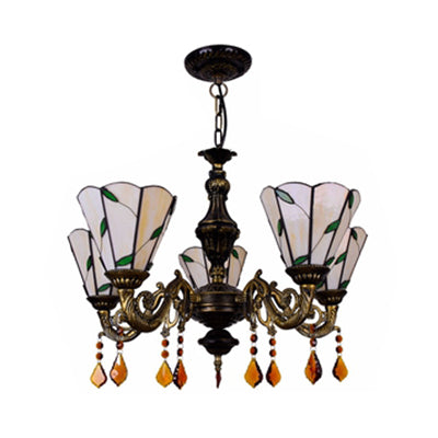 Scalloped Rustic Stained Glass Leaf Chandelier With Crystal - Blue/Beige 5 Heads Dining Room Pendant