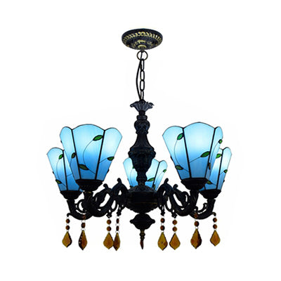 Scalloped Rustic Stained Glass Leaf Chandelier With Crystal - Blue/Beige 5 Heads Dining Room Pendant