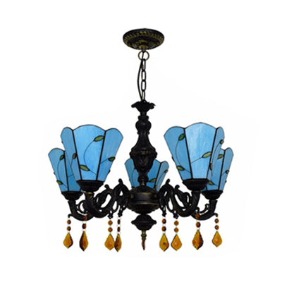 Scalloped Rustic Stained Glass Leaf Chandelier With Crystal - Blue/Beige 5 Heads Dining Room Pendant