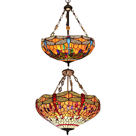 Dragonfly Pattern Tiffany Stained Pendant Light - Orange Bowl Hanging Ceiling Light, 18"/23.5" W - Lodge Style for Foyer