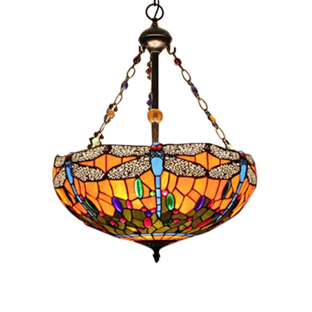 Dragonfly Pattern Tiffany Stained Pendant Light - Orange Bowl Hanging Ceiling Light, 18"/23.5" W - Lodge Style for Foyer