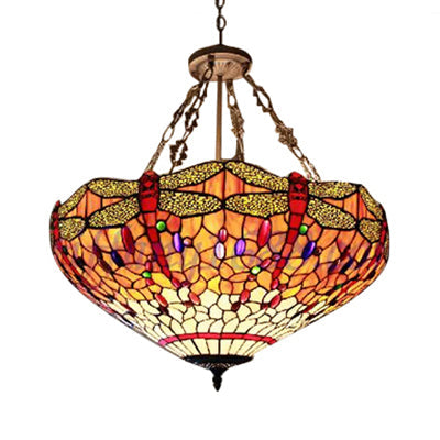 Dragonfly Pattern Tiffany Stained Pendant Light - Lodge Style 18/23.5 W Ideal For Foyer Orange /