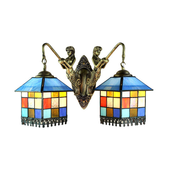 Tiffany Multicolor Stained Glass Wall Light Fixture - Clear/Blue Sconce Lighting 2 Heads