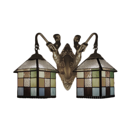 Tiffany Multicolor Stained Glass Wall Light Fixture - Clear/Blue Sconce Lighting 2 Heads