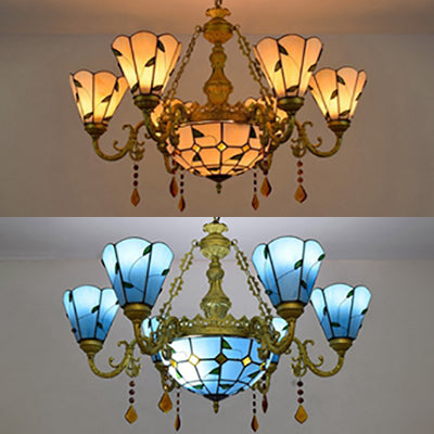 Rustic Stained Glass Chandelier: 8-Light Crystal Blue/Beige Leaf Pattern