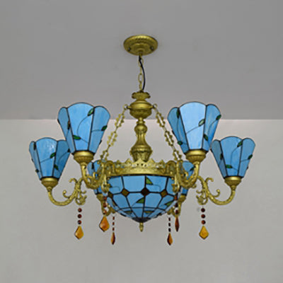 Rustic Stained Glass Chandelier: 8-Light Crystal Blue/Beige Leaf Pattern
