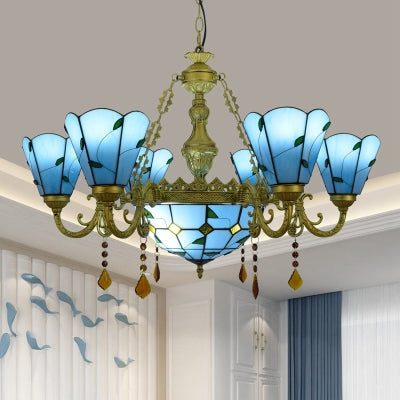 Blue/Beige Stained Glass Crystal Chandelier with Rustic Leaf Pattern and 8 Lights