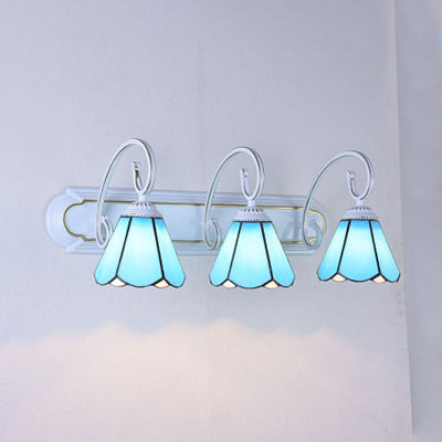 Tiffany Cone White/Blue Glass Vanity Sconce Light - 3-Head Wall Mount For Bathrooms Blue