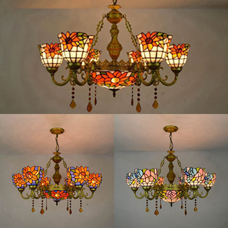 Stunning Inverted Chandelier with Tiffany Stained Glass, 7 Crystal Lights, and Colorful Sunflower Pattern in Brass