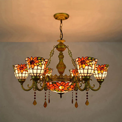 Stained Glass Chandelier With Floral Tiffany Design 7 Crystal Lights In Brass Finish