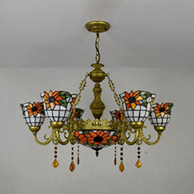 Stunning Inverted Chandelier with Tiffany Stained Glass, 7 Crystal Lights, and Colorful Sunflower Pattern in Brass