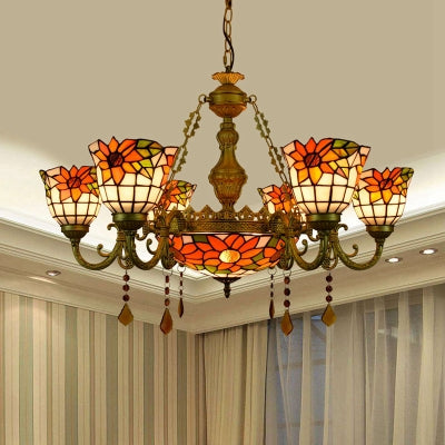 Stained Glass Chandelier With Floral Tiffany Design 7 Crystal Lights In Brass Finish / Yellow Flower