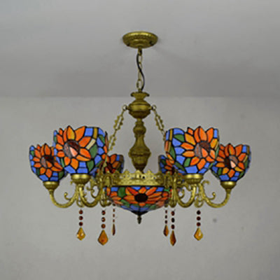 Stunning Inverted Chandelier with Tiffany Stained Glass, 7 Crystal Lights, and Colorful Sunflower Pattern in Brass